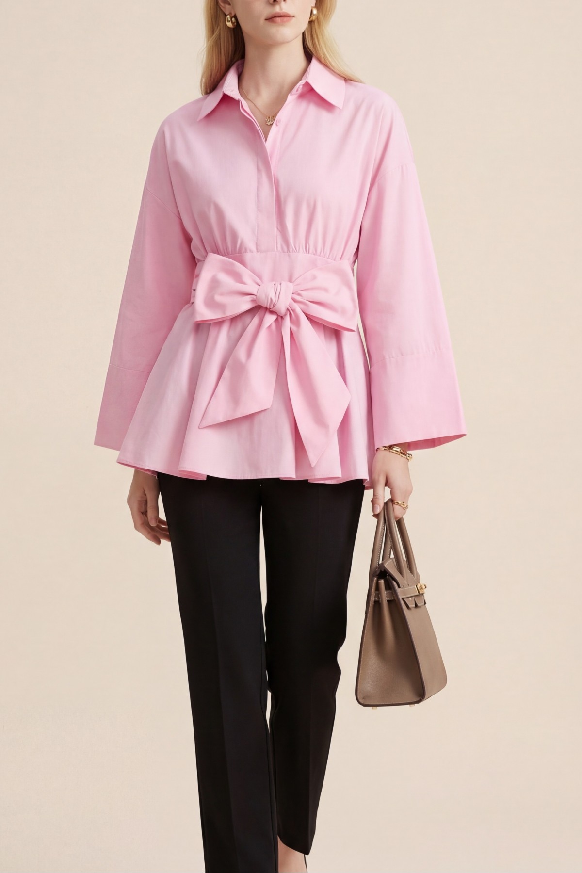 Beli Korsajlı Gizli Patlı Kuşaklı Poplin Tunik -Pembe