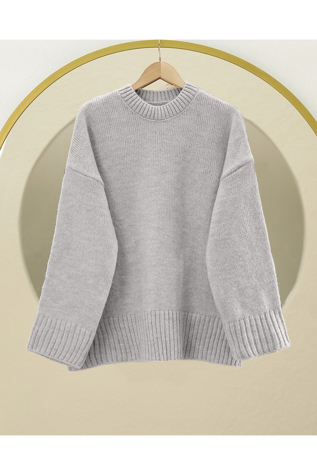 Bisiklet Yaka Eteği Fitilli Salaş Triko Kazak   -Gri