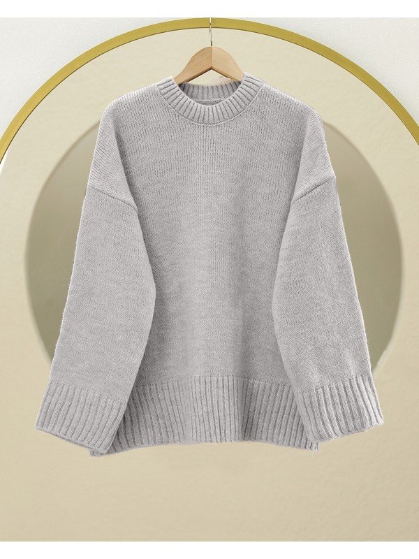 Bisiklet Yaka Eteği Fitilli Salaş Triko Kazak   -Gri