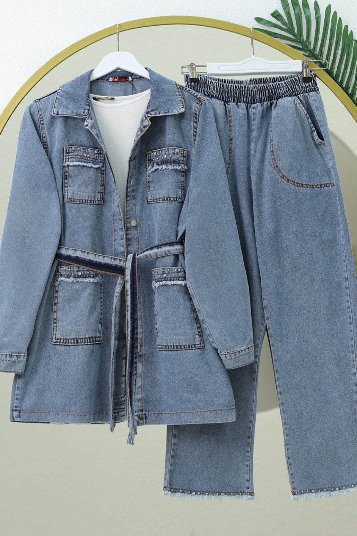 Taş Detaylı Ceket Pantolon Kot Takım -Buz Mavi