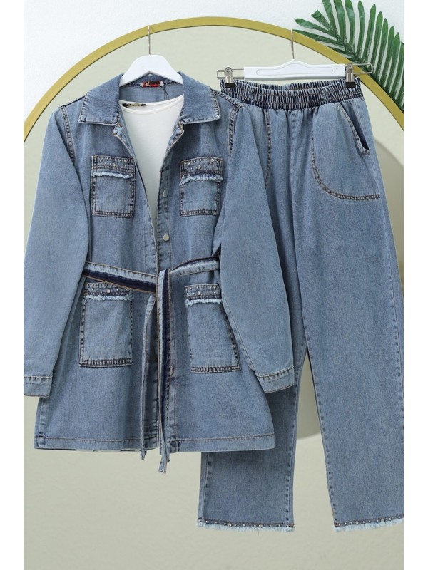 Taş Detaylı Ceket Pantolon Kot Takım -Buz Mavi