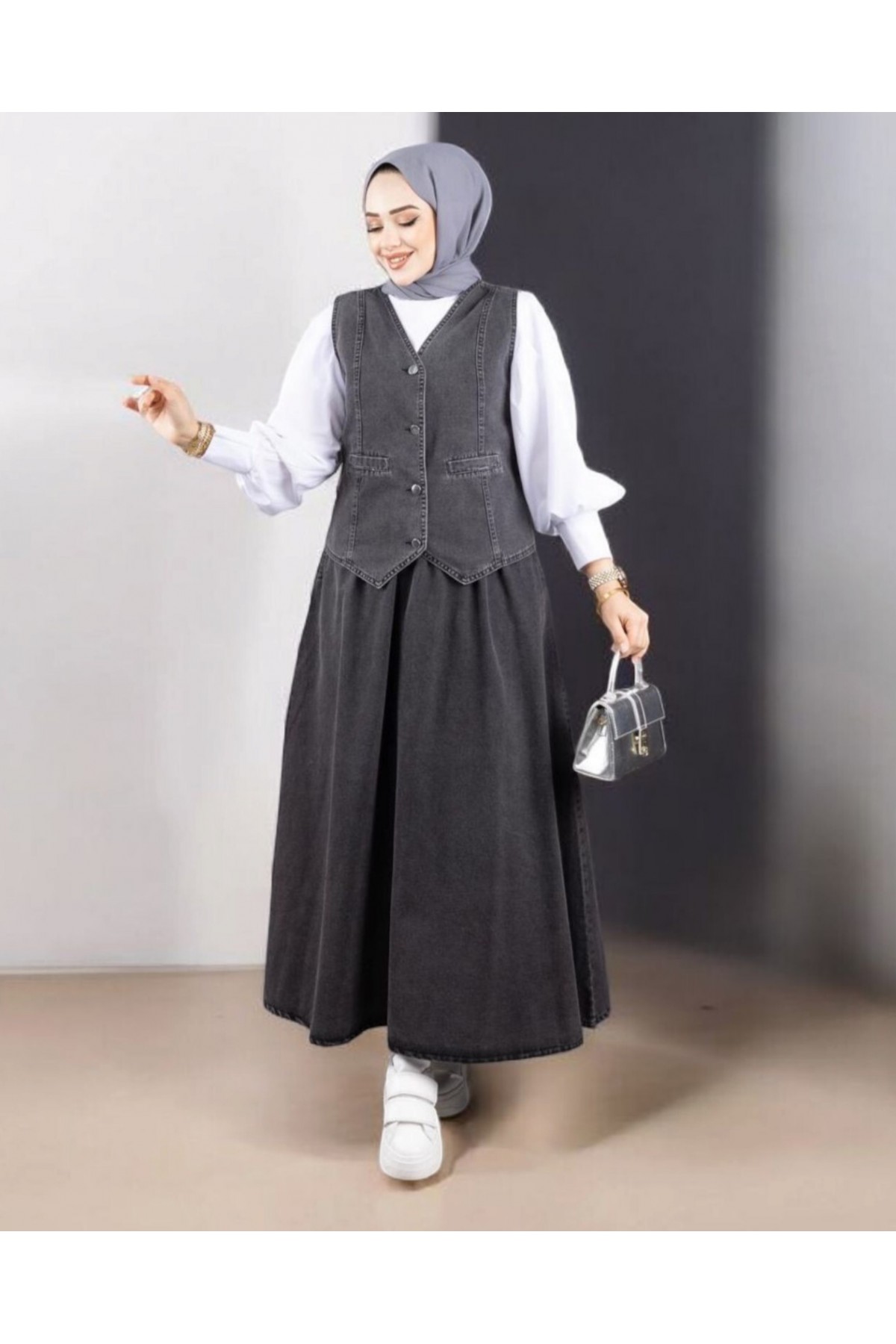 V Yaka Yelekli Etekli Kot Takım -Füme