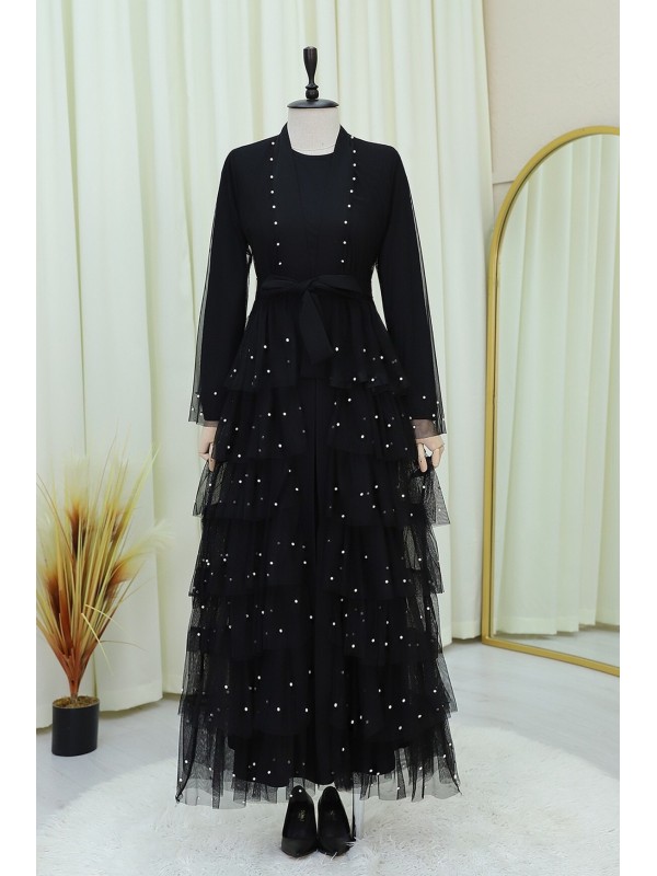 Eteği Katlı Serpme İncili Tül Abaya Takım -Siyah