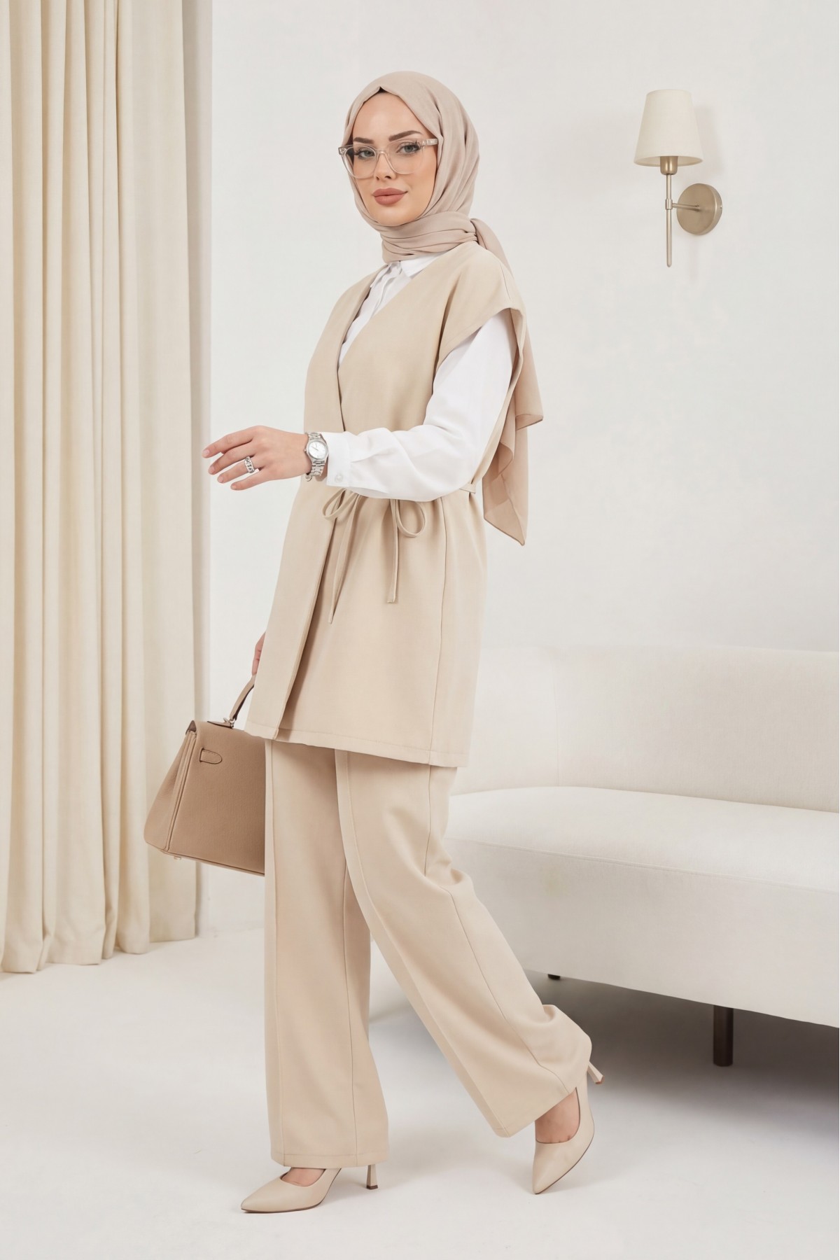 Düğme Detaylı Çift Bağcıklı Yelek Pantolon Double Krep Takım -Bej