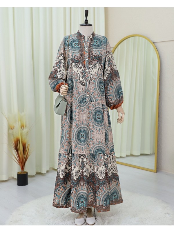 Dik Yaka Yarım Düğmeli Parçalı Elbise  -Açık Kahve