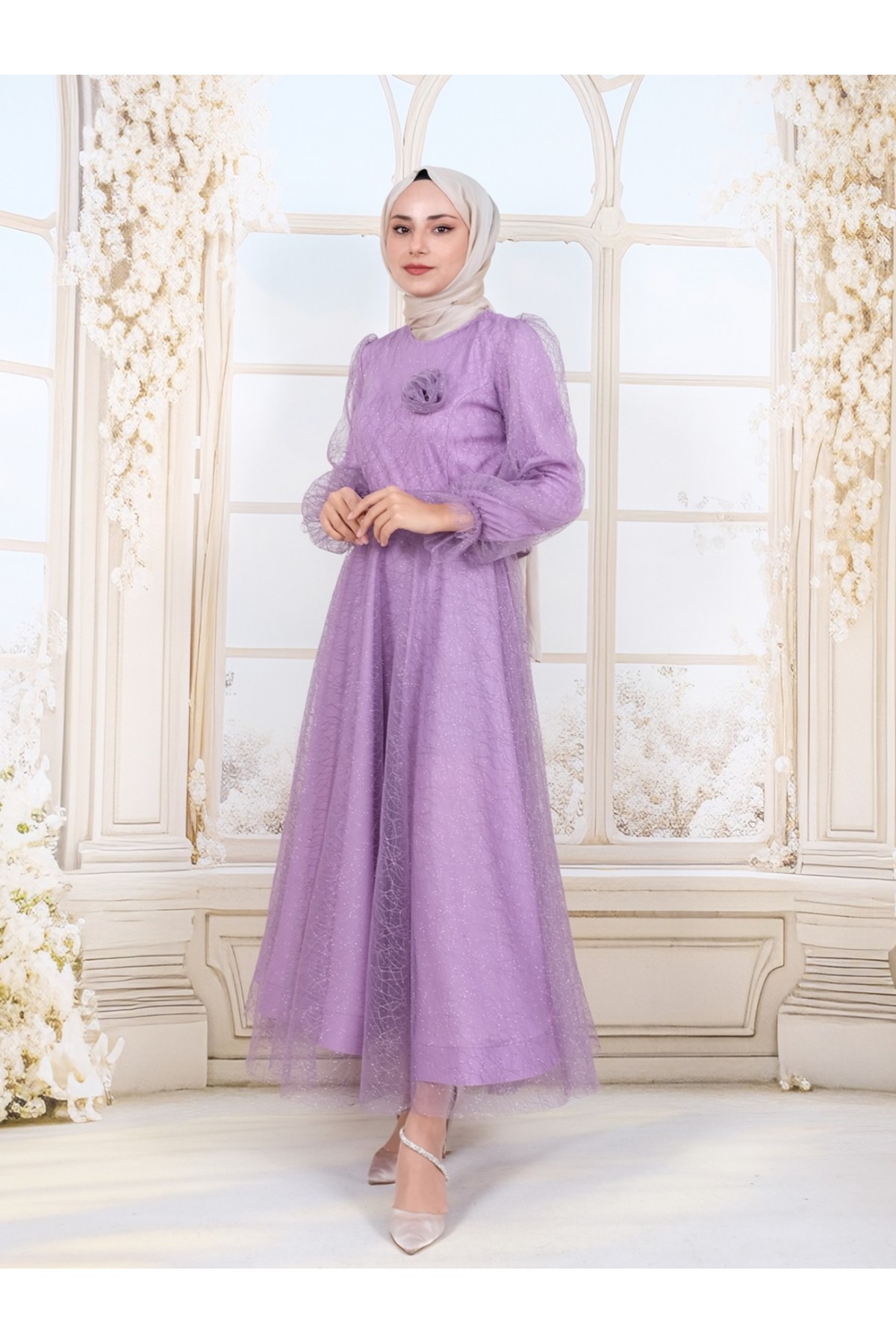 Kolu Lastikli Kuşaklı Simli Kabarık Tül  Abiye -Lila