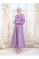 Kolu Lastikli Kuşaklı Simli Kabarık Tül  Abiye -Lila