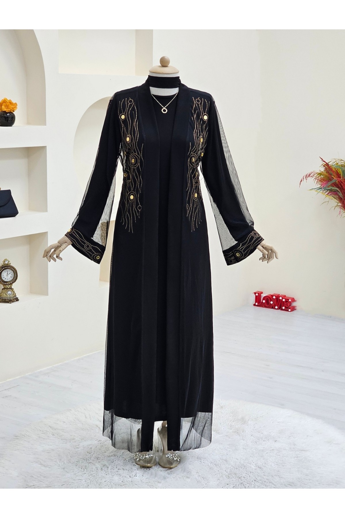 Önü Ve Manşeti Taşlı Abaya  -Bakır