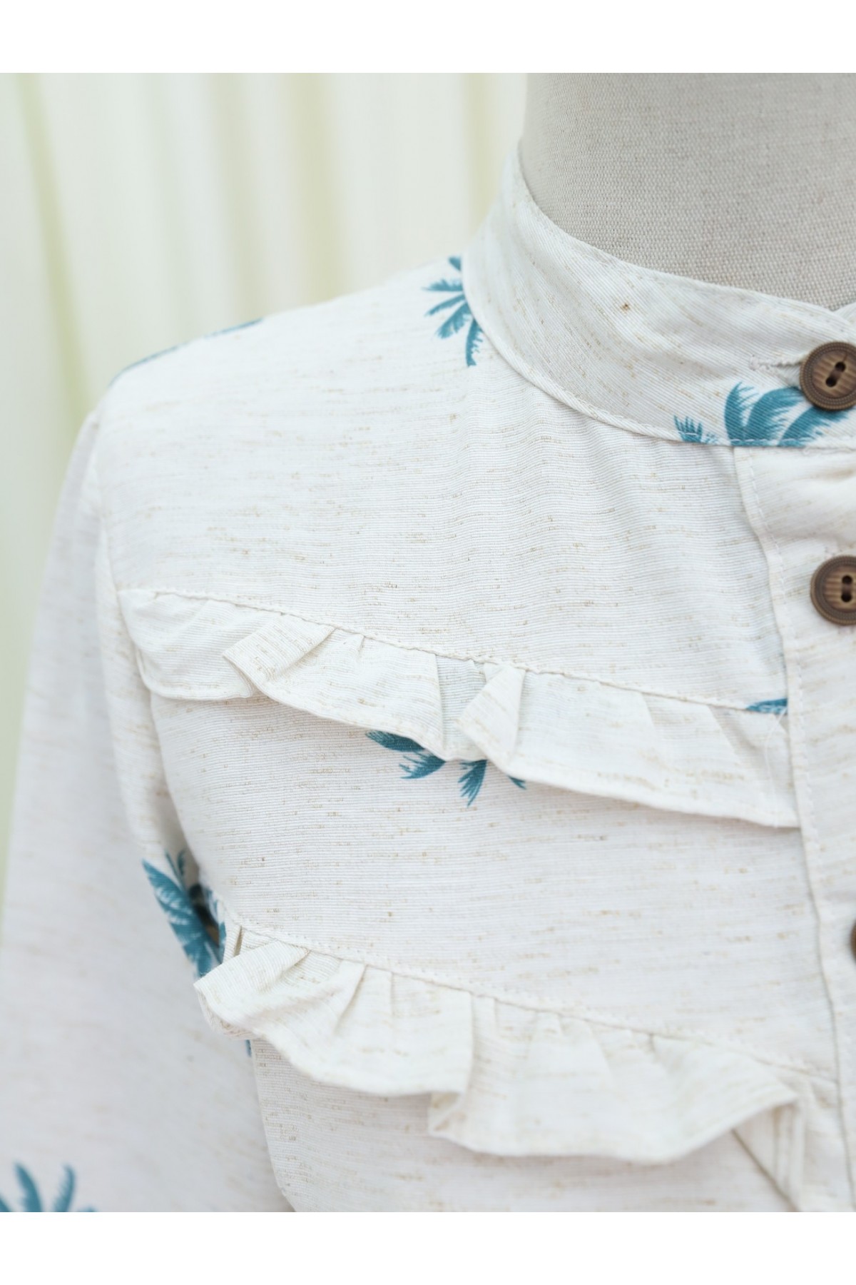 Önü Fırfırlı Yarım Düğmeli Parçalı Keten Elbise  -Petrol