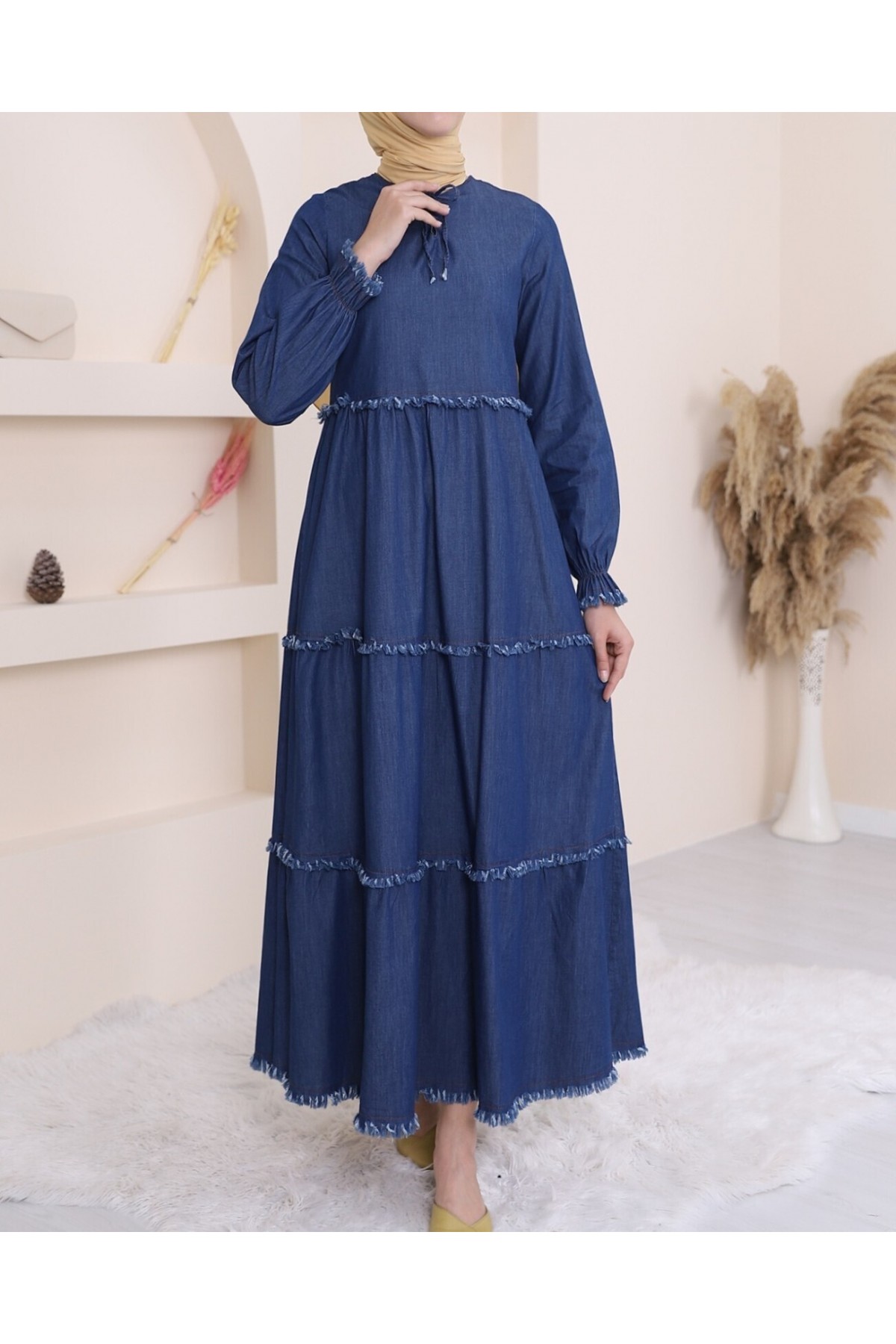 Üç Parça Yıkamalı Kot Elbise -İndigo