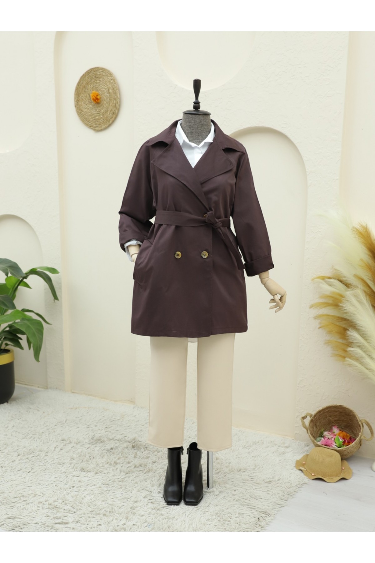 Bolero Detaylı Düğmeli Ara Boy Trençkot -Mürdüm