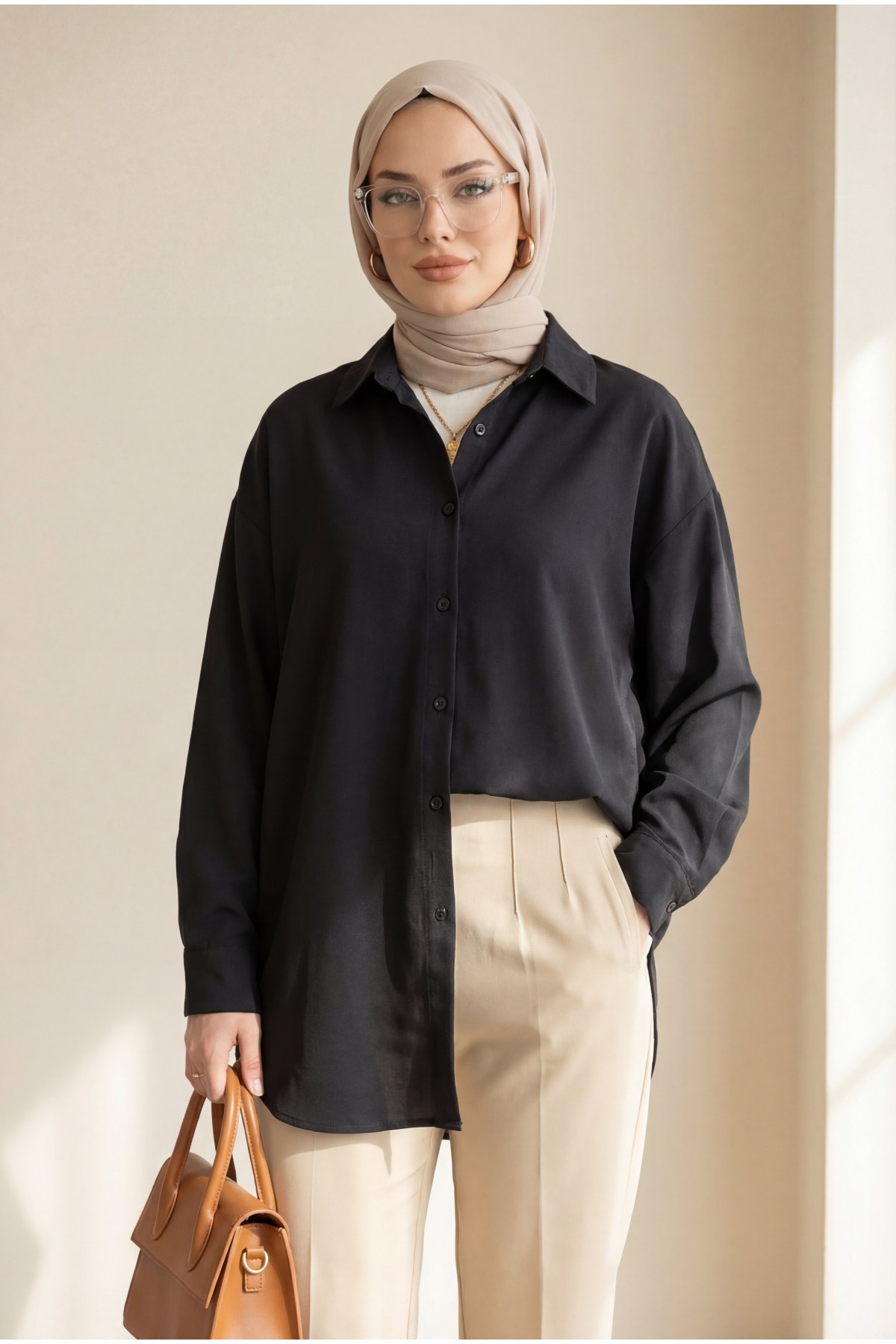 Düğmeli Salaş Viskon Gömlek -Siyah