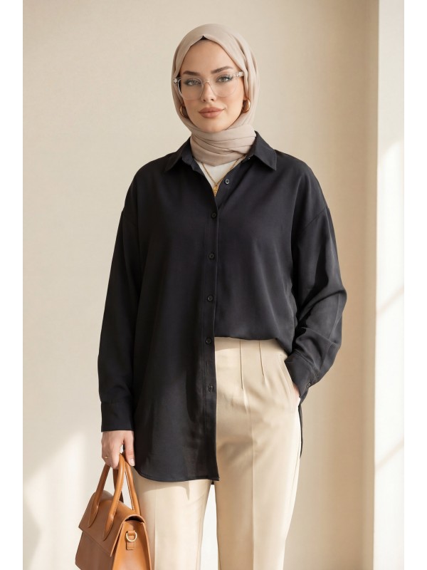 Düğmeli Salaş Viskon Gömlek -Siyah