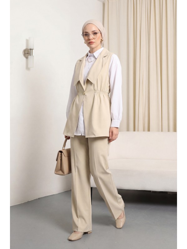 Kruvaze Yaka Beli Lastikli Yelek Pantolon Modal Takım -Bej