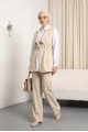 Kruvaze Yaka Beli Lastikli Yelek Pantolon Modal Takım -Bej