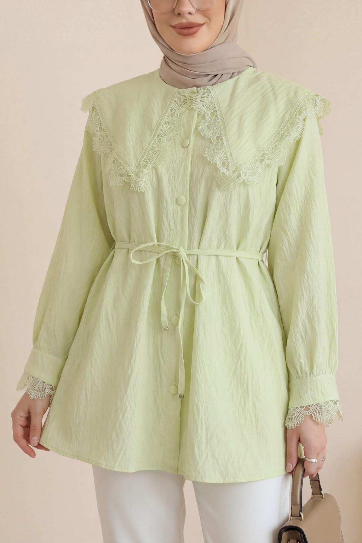 Bebe Yaka Fistolu Beli Bağcıklı Modal Tunik  -Açık Sarı