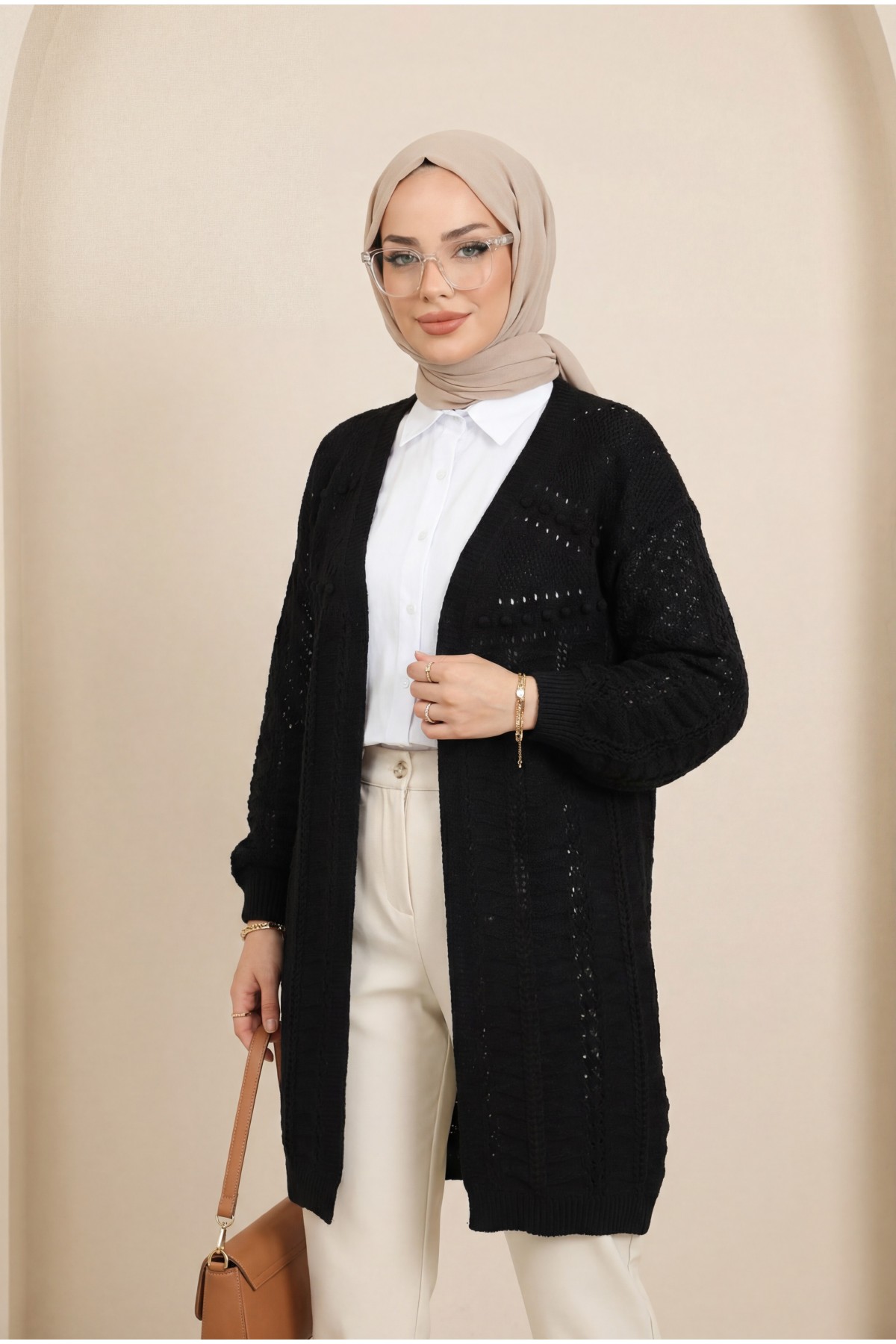 Ponponlu Karışık Desen Araboy Triko Hırka -Siyah