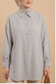 Çizgili Yırtmaçlı Salaş Linda Gömlek -Açık Gri