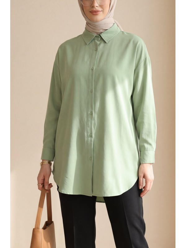 Düğmeli Salaş Viskon Gömlek -Yeşil