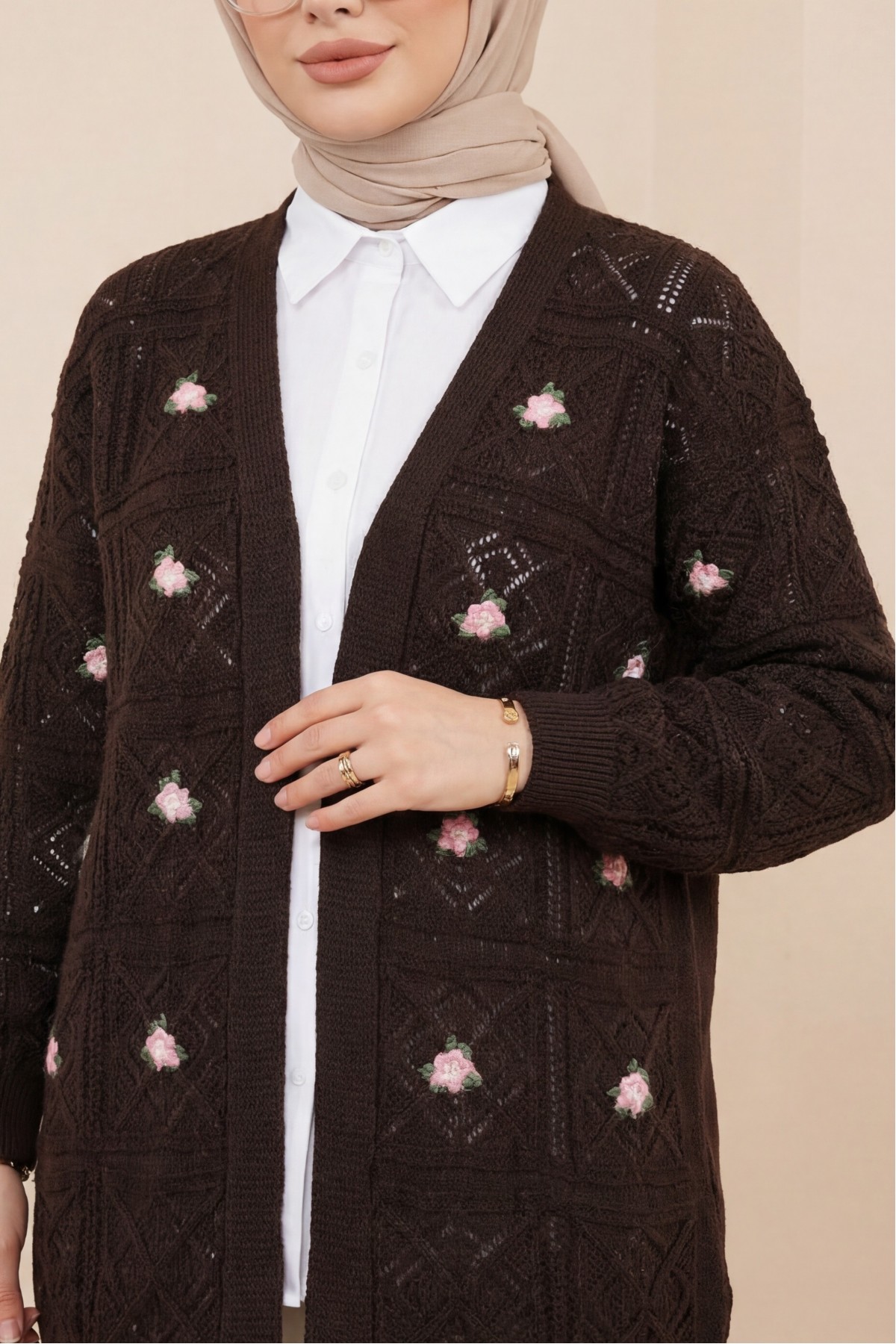 Ajurlu Nakışlı Hırka    -Kahve