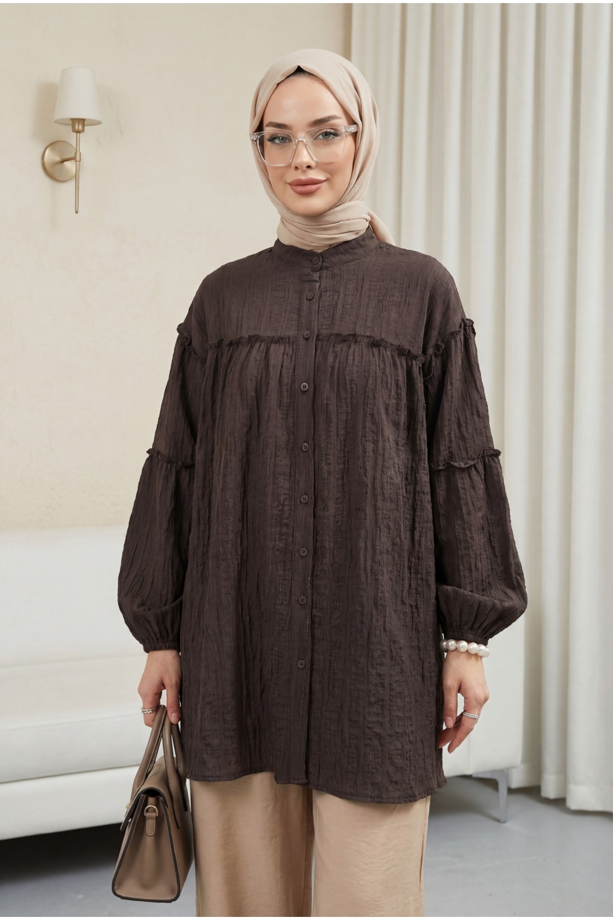 Dik Yaka Sim Çizgili Balon Kol Oversize Gofre Tunik -K. Kahve