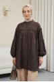 Dik Yaka Sim Çizgili Balon Kol Oversize Gofre Tunik -K. Kahve