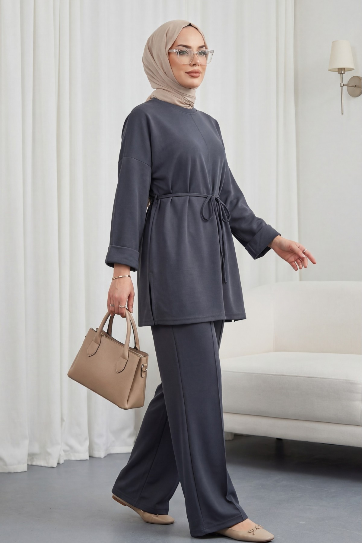 Yırtmaçlı Beli Bağcıklı Kolu Katlamalı Pantolonlu Oyşo Takım  -Füme