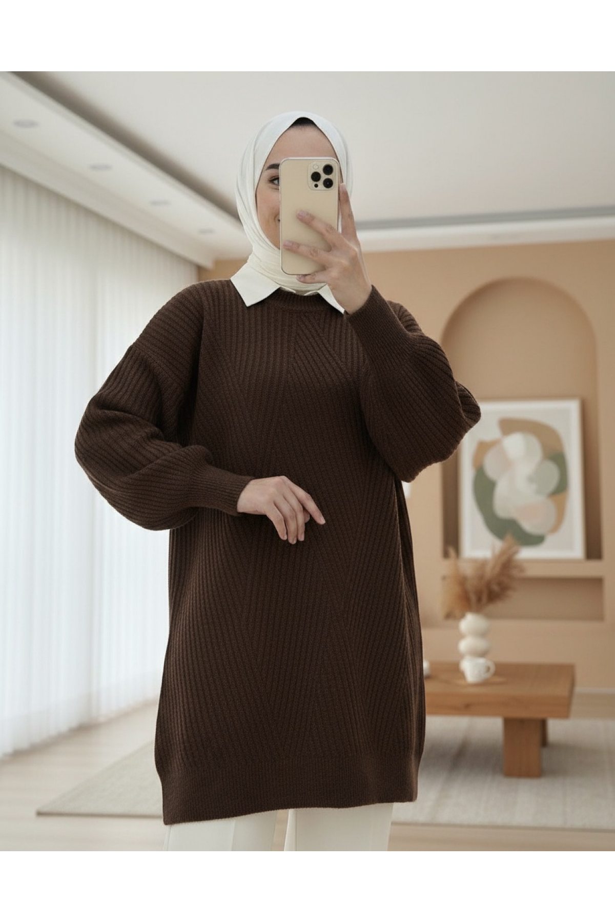 Bisiklet Yaka Baklava Desen Triko Kazak             -K. Kahve