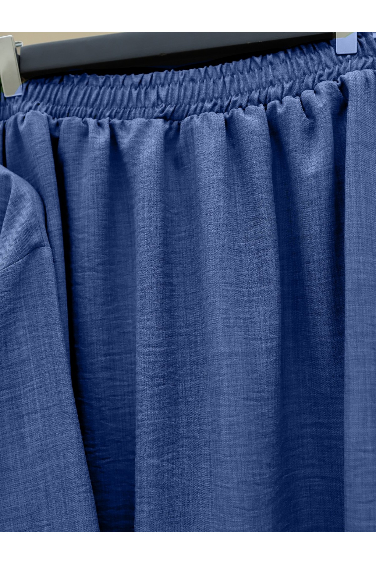 Önü Bağcıklı Beli Lastikli Etekli Keten Takım -İndigo