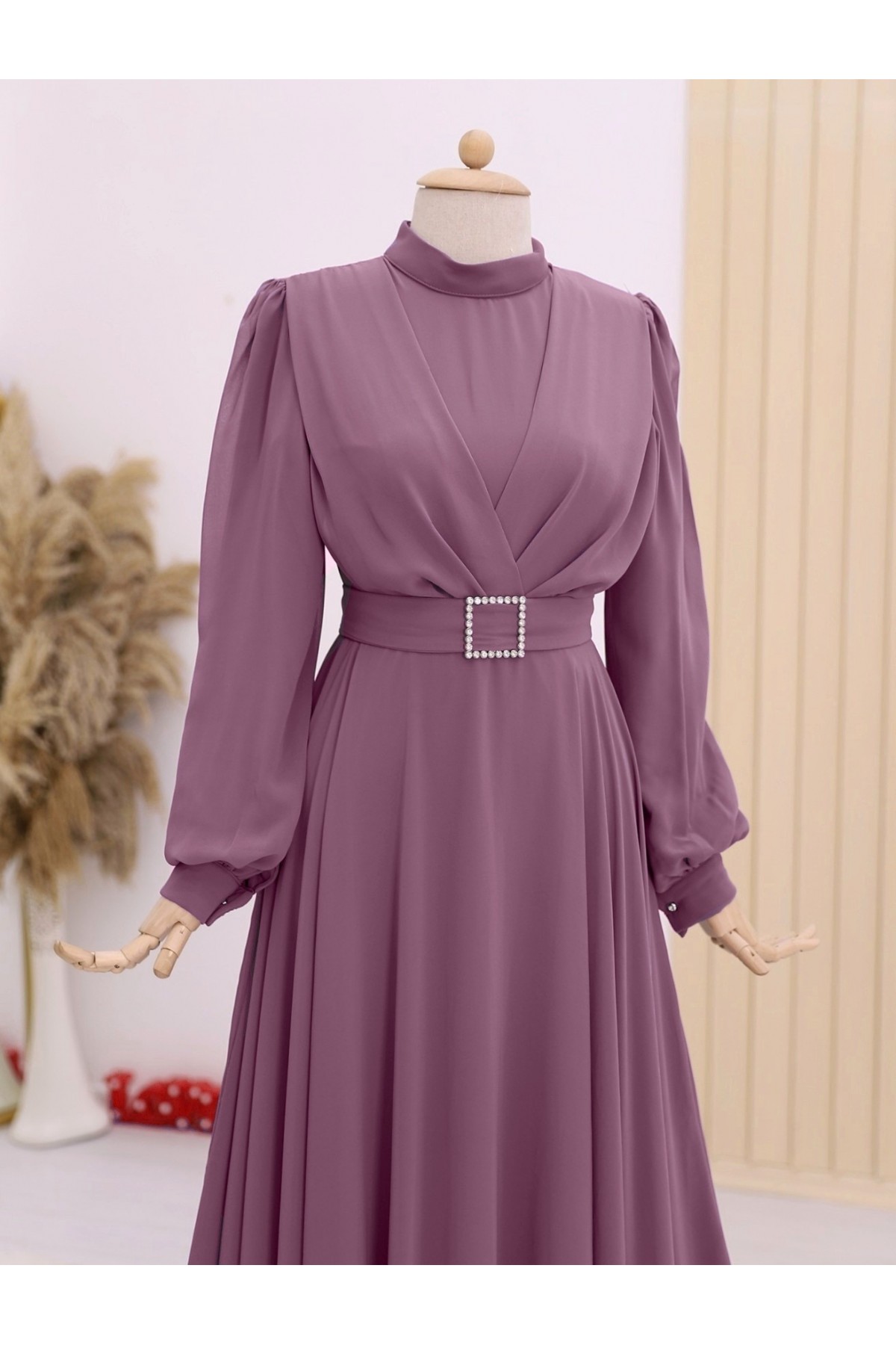 Kemeri Taşlı Önü Pileli Tesettür Elbise  -G.Kurusu