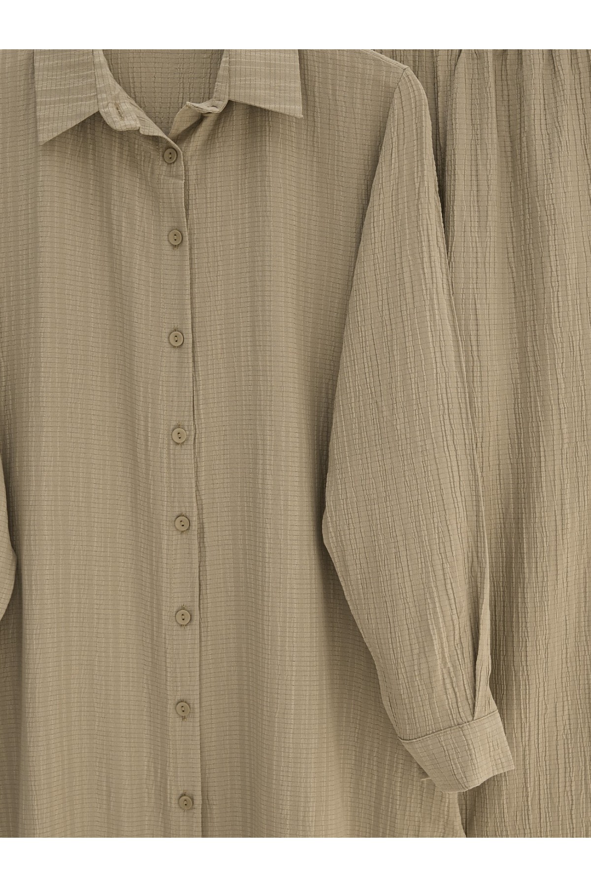 Düğmeli Uzun Pantolonlu Krinkıl Takım   -Vizon