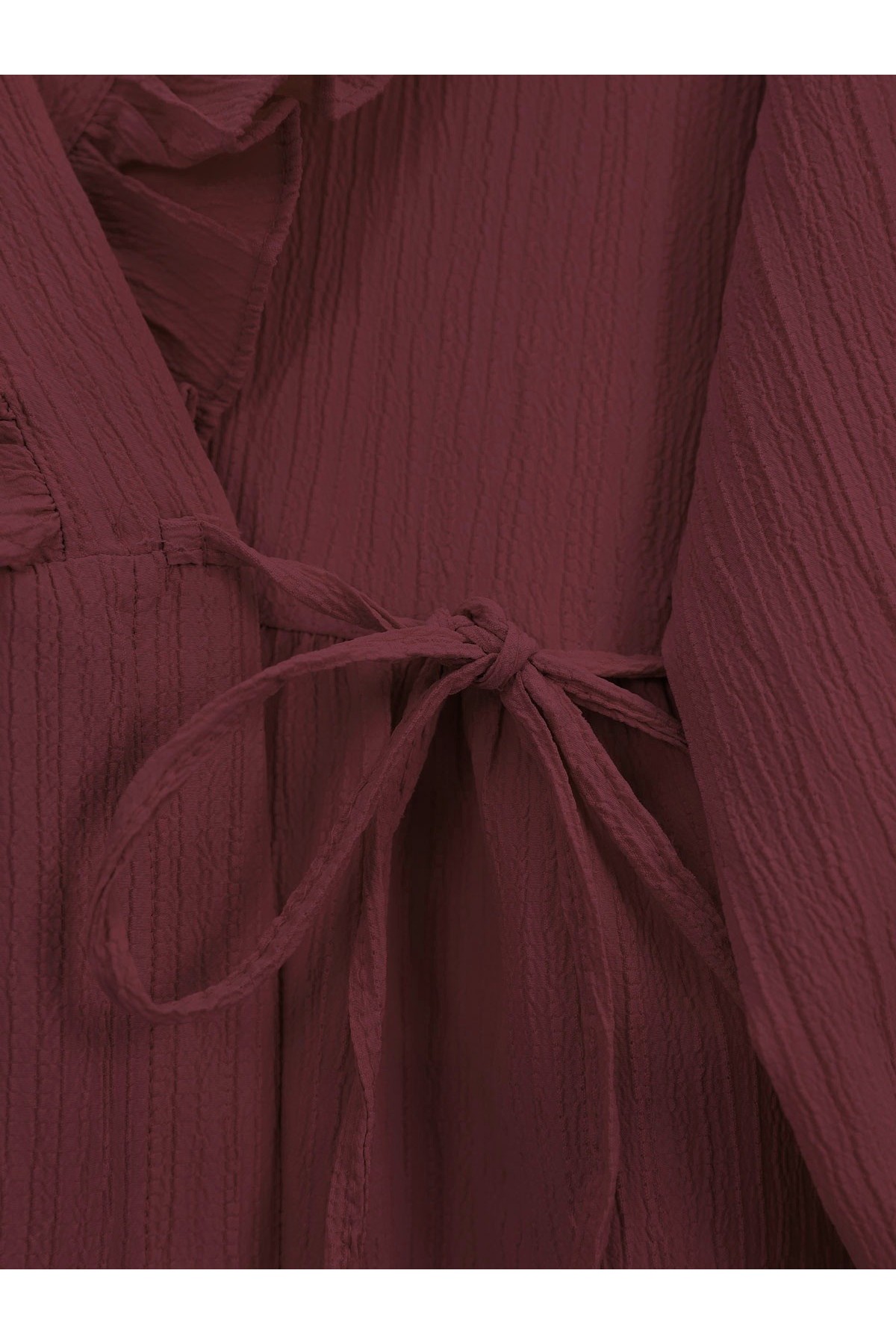 Önü Fırfırlı Bağlamalı Krinkıl Kimono -Bordo