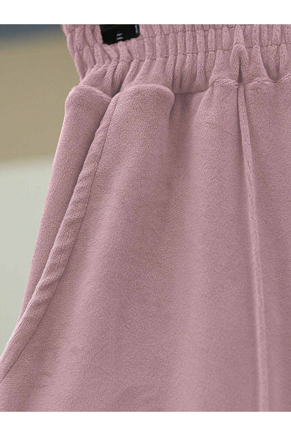 Çımalı Beli Lastikli Kadife Pantolon -Pudra