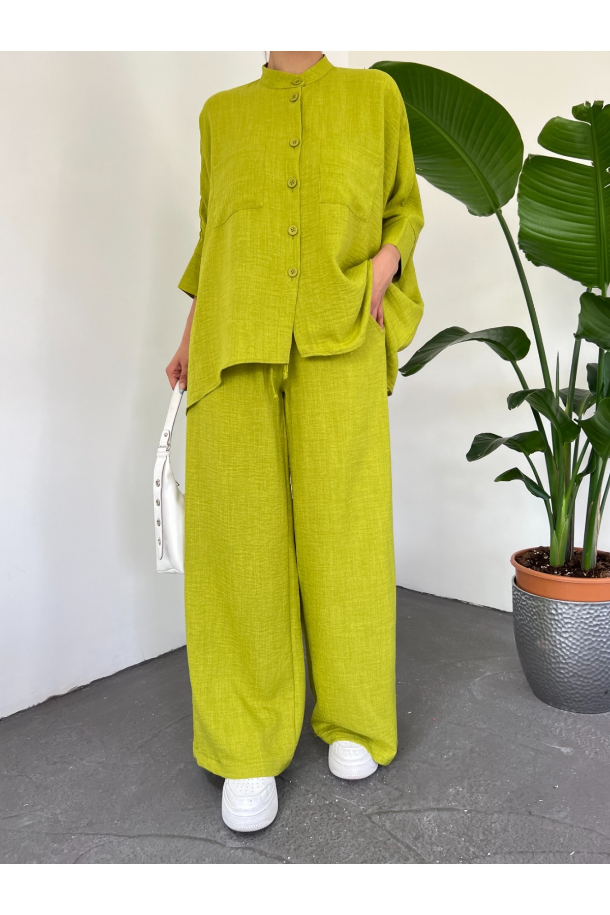 Çift Cepli Yarım Yarasa Kol Salaş Gömlek Takım -F.Yeşili