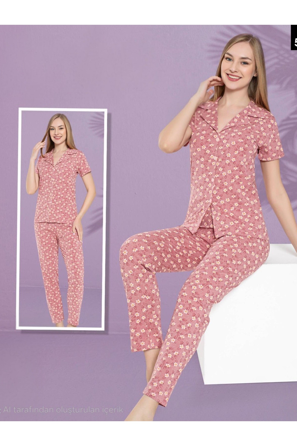 Papatya Desenli Düğmeli Kısa Kollu Pijama Takımı -G.Kurusu