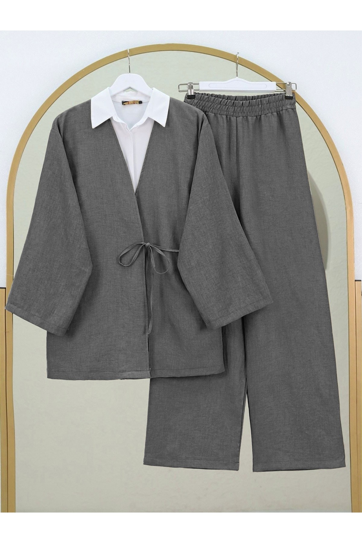 Önden Bağlamalı Pantolonlu Kimono Takım         -Antrasit