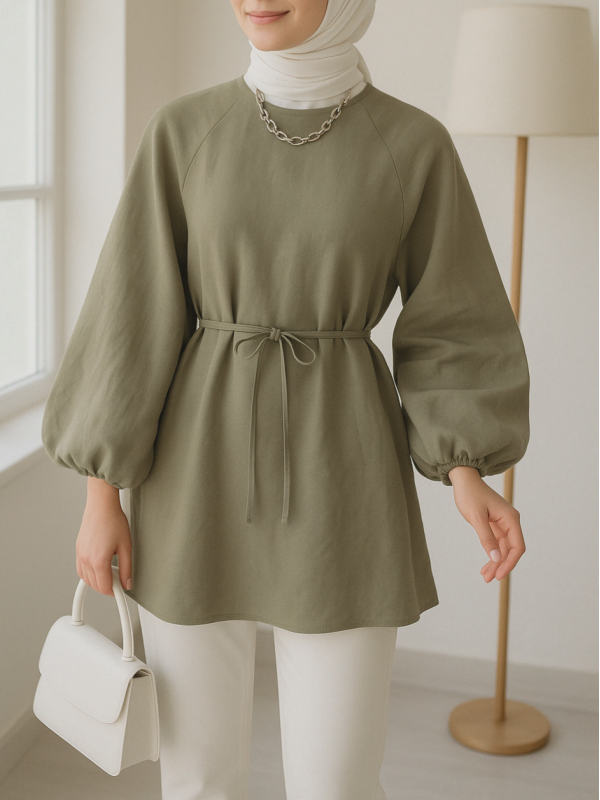 Yuvarlak Yaka Beli Bağcıklı Balon Kol Tunik  -Zeytin