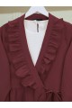 Önü Fırfırlı Bağlamalı Krinkıl Kimono -Bordo