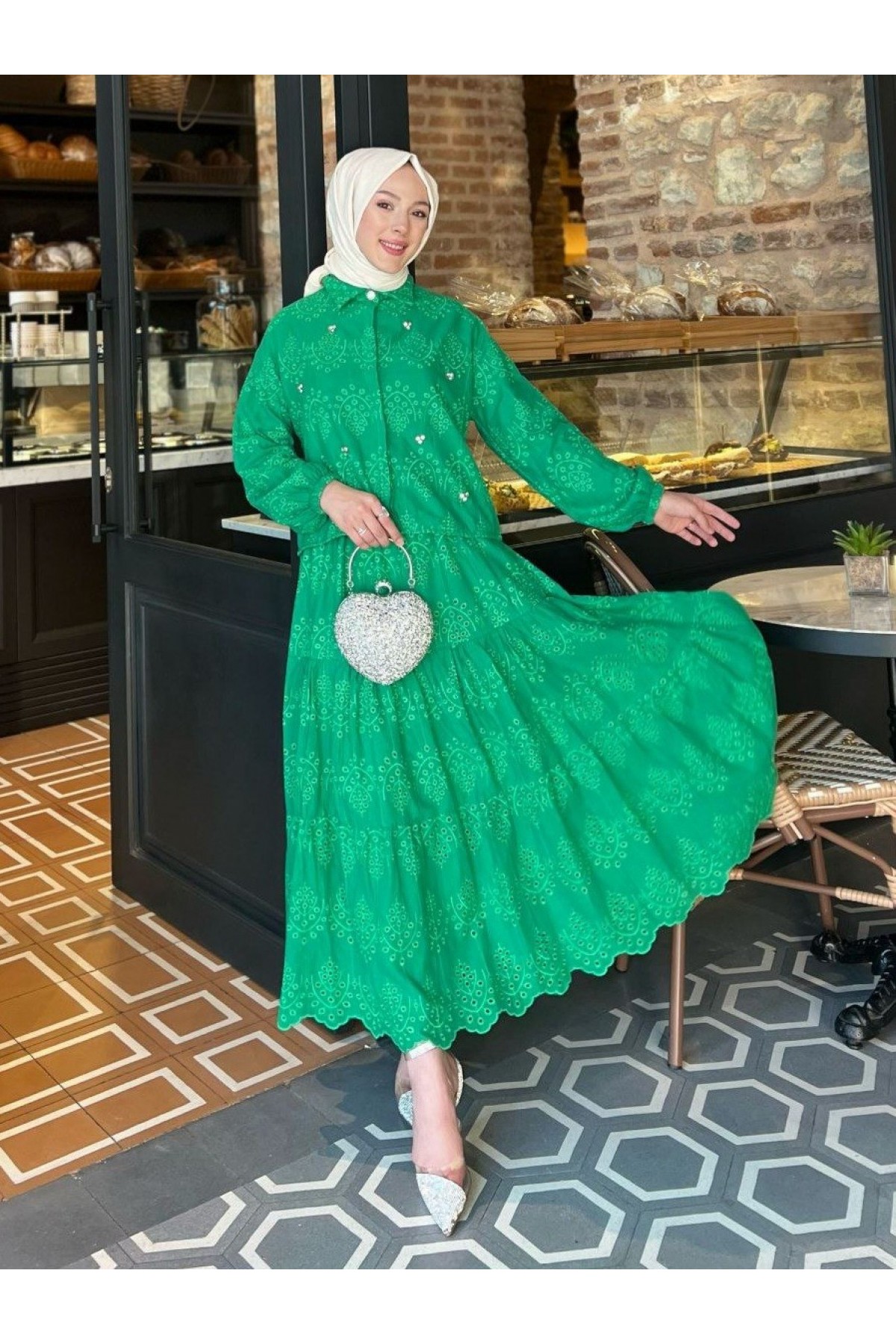 Fisto Detaylı Etekli Takım  -Yeşil