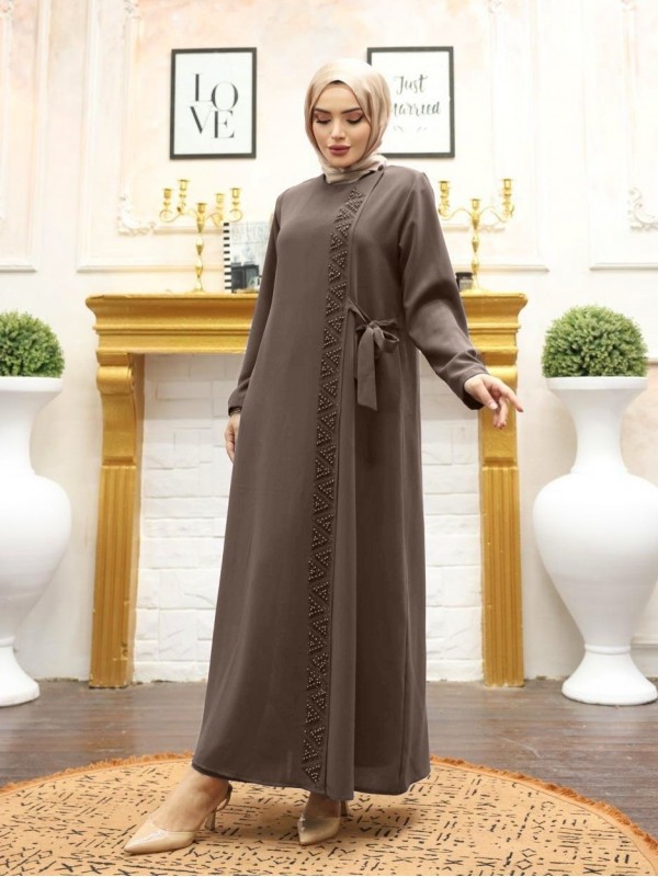 Önü Taş Detaylı Çift Kat Yandan Bağlamalı Ferace  -Kahve