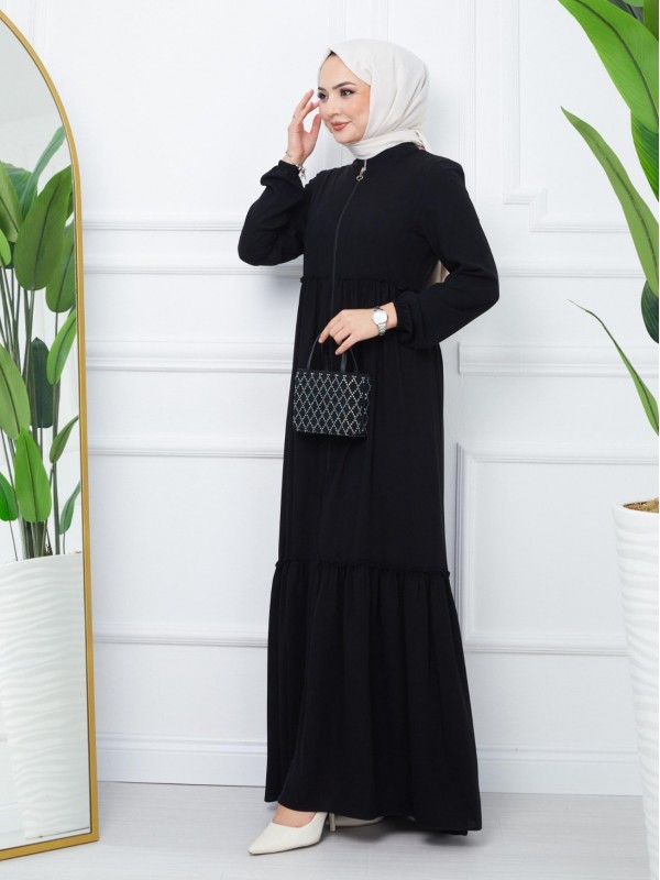 Parçalı Kolu Lastikli Boydan Fermuarlı Ferace -Siyah