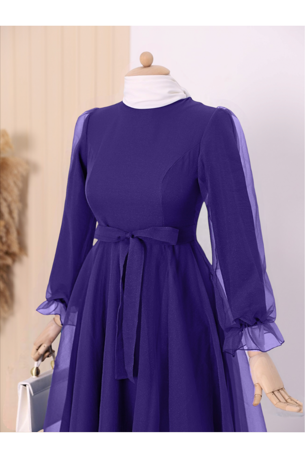 Kabarık Kol Ve Etekli Kuşaklı Tül Abiye   -Lila