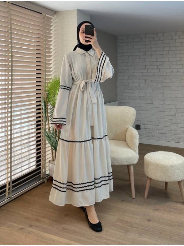 Kolları Ve Eteği Süzene Işlemeli Parçalı Elbise -Taş