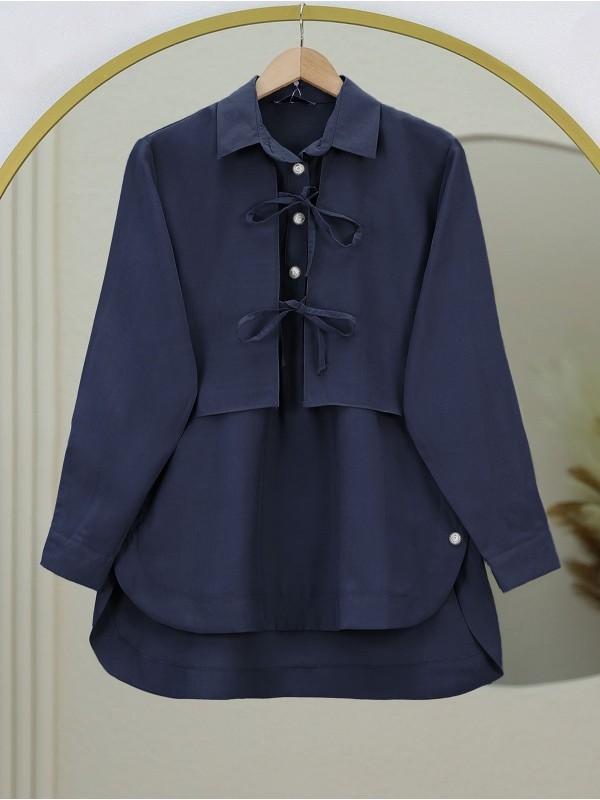 Yelek Detaylı Düğmeli Arkası Uzun Bağcıklı Gömlek -Laci