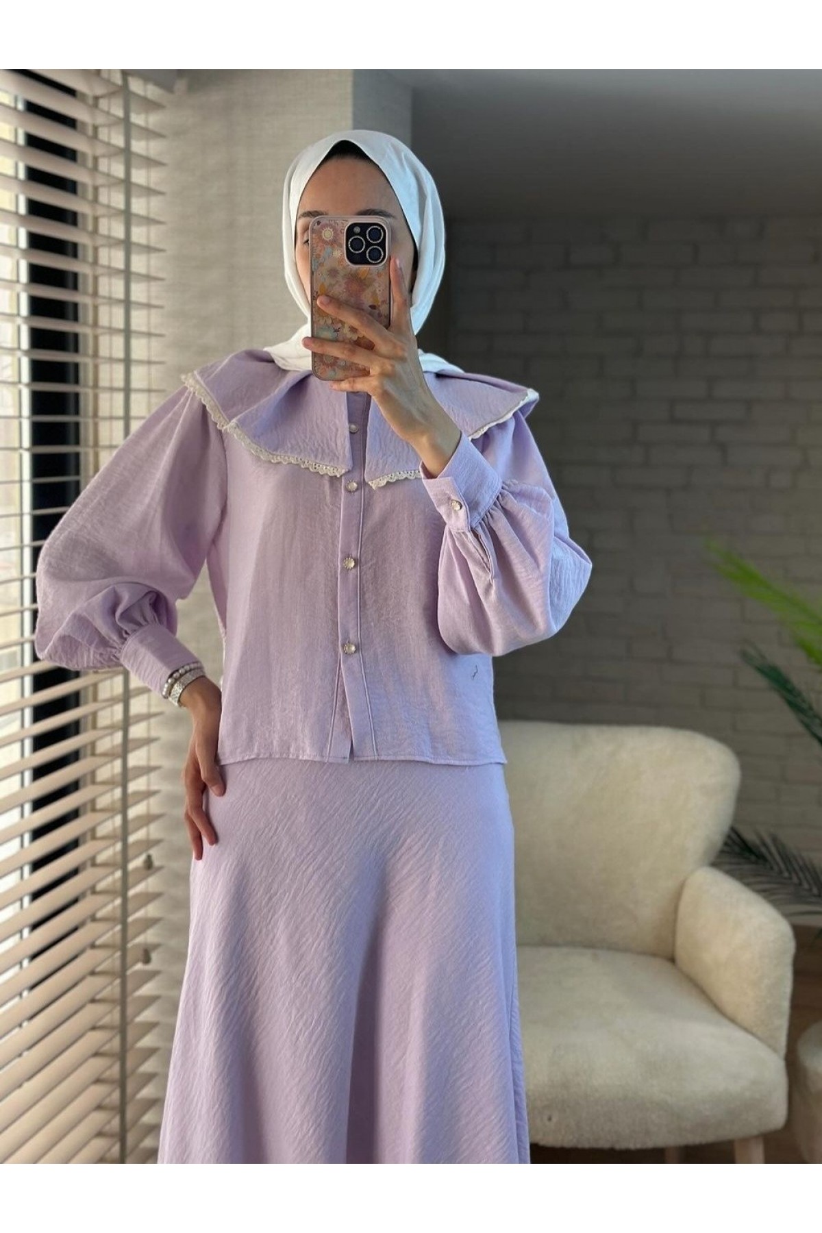 Dantelli Marul Yaka Saf Keten Etekli Takım  -Lila