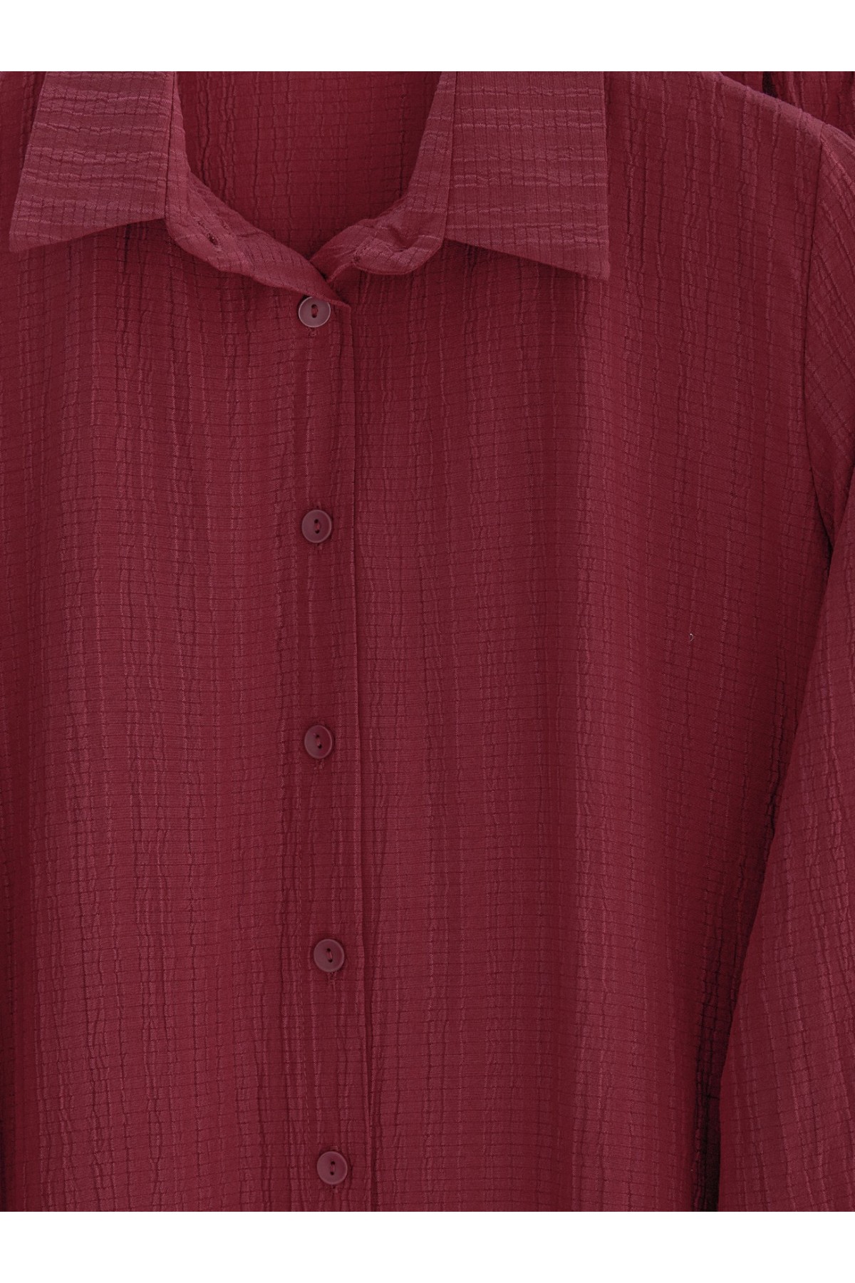 Düğmeli Uzun Pantolonlu Krinkıl Takım  -Bordo