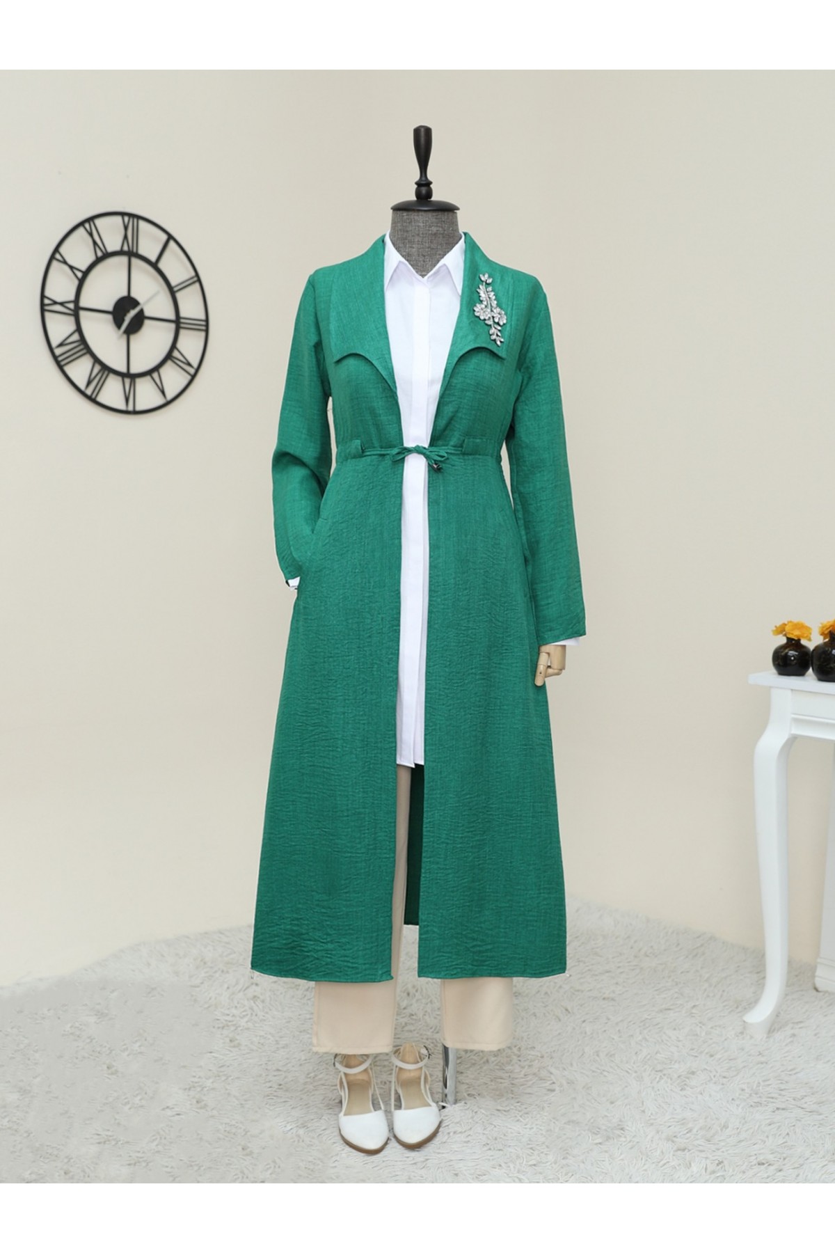 Taş İşlemeli Belden Büzgülü Keten Kap -Orman Yş.