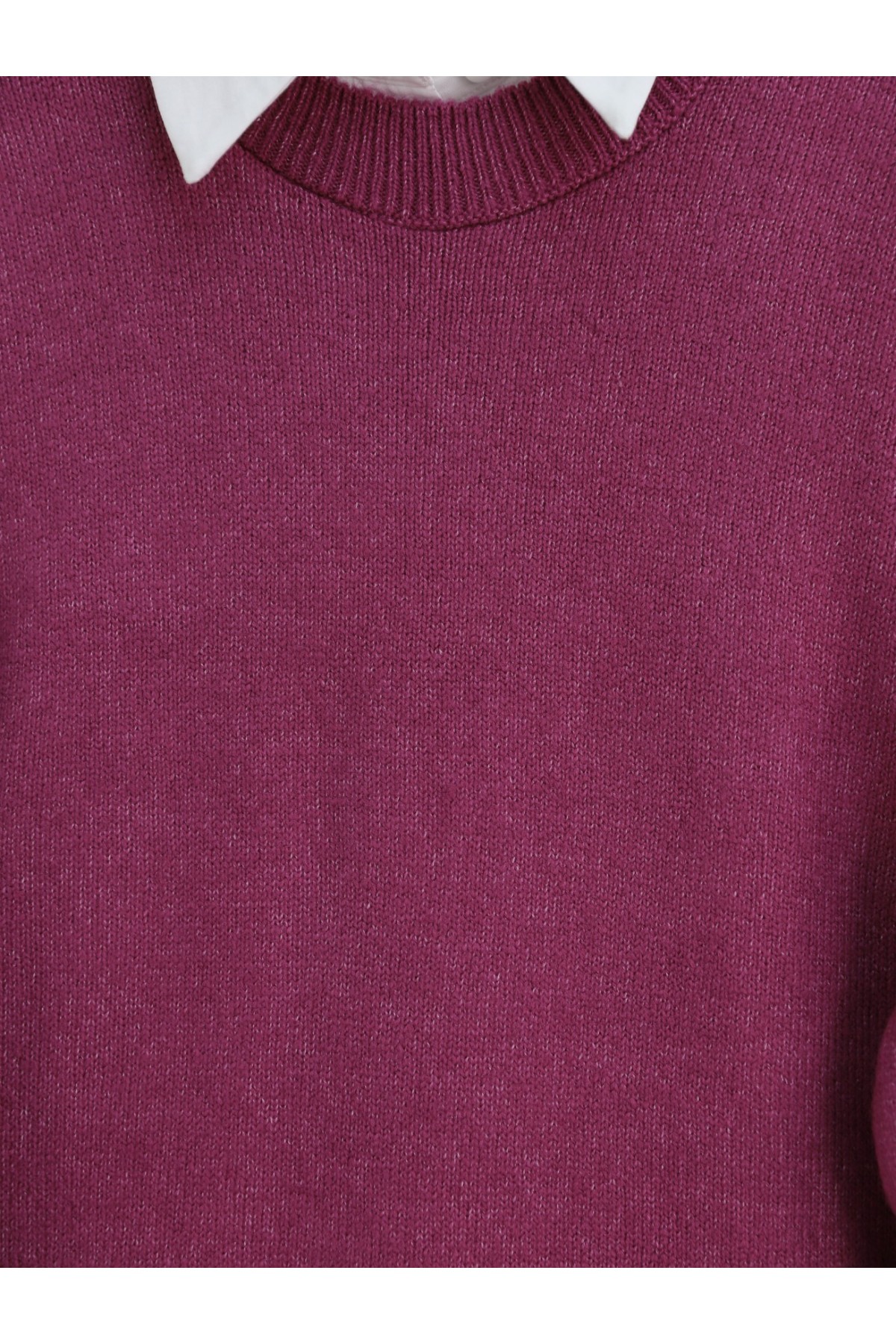 Yuvarlak Yaka Balon Kol Salaş Triko Kazak  -Mürdüm