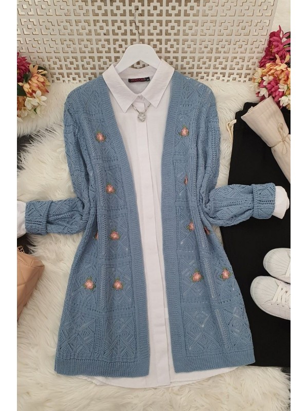 Ajurlu Nakışlı Hırka -Mavi