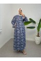 Yarım Düğmeli Beli Bağcıklı Desenli Elbise  -İndigo